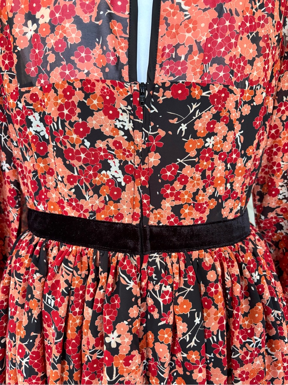 Unique Vintage Warm Floral Velvet Trim Mini Dress Cottagecore Prairie Size L - Picture 6 of 8